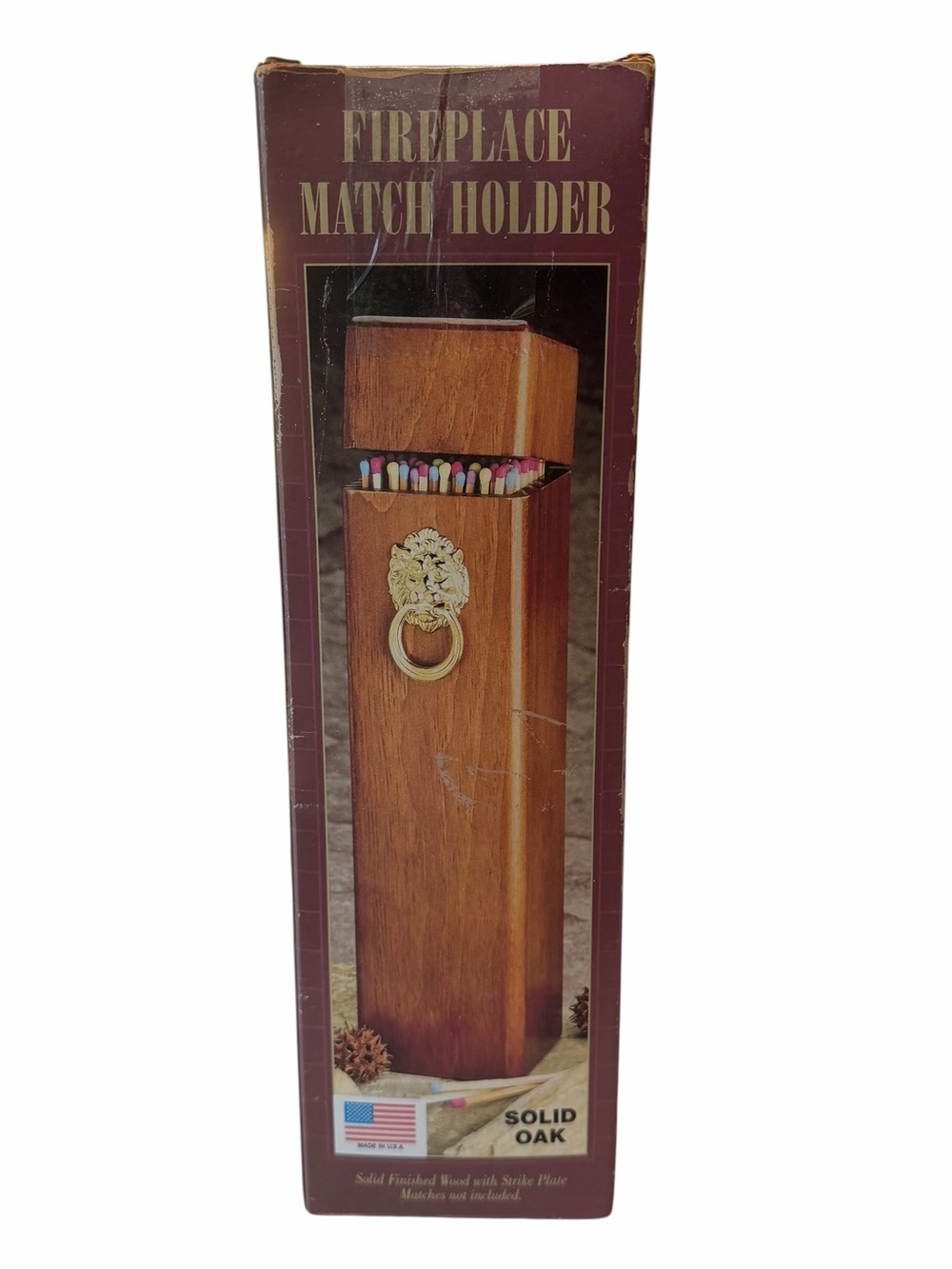 Solid Oak Fireplace Match Holder - Wood Finish with Gold Tone Accent